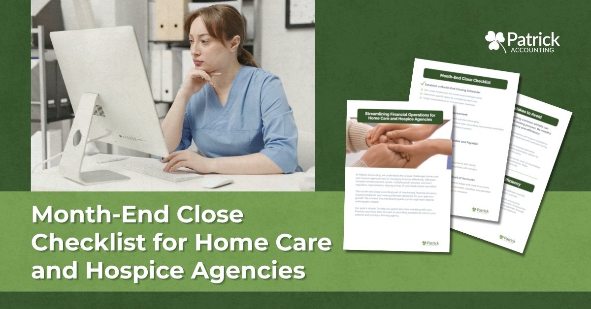 Image of home health worker looking at computer with thumbnails of month-end close checklist for home care and hospice agencies