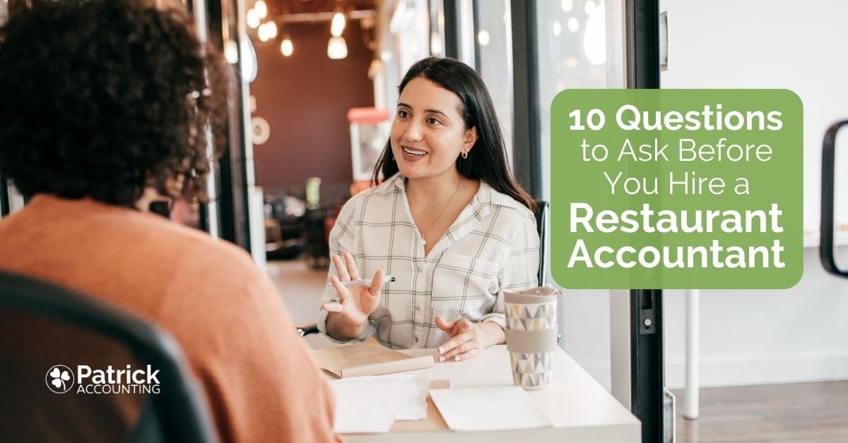 Blog thumbnail featuring a restaurant accountant meeting with a restaurant owner who is asking 10 questions before they hire an accountant for their restaurant.