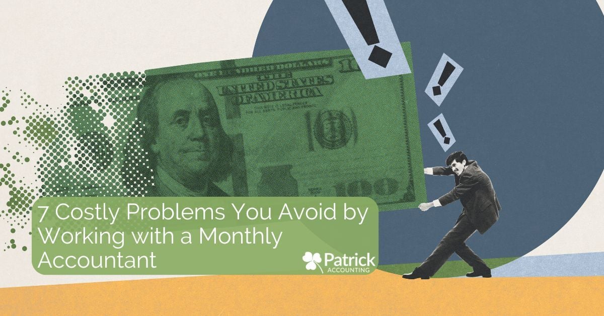 Stylized graphic of a $100 bill with Benjamin Franklin's face in green half-tone dots, with large exclamation marks overhead. A man in a suit leans against the bill, as if trying to hold it up. Green banner text reads: