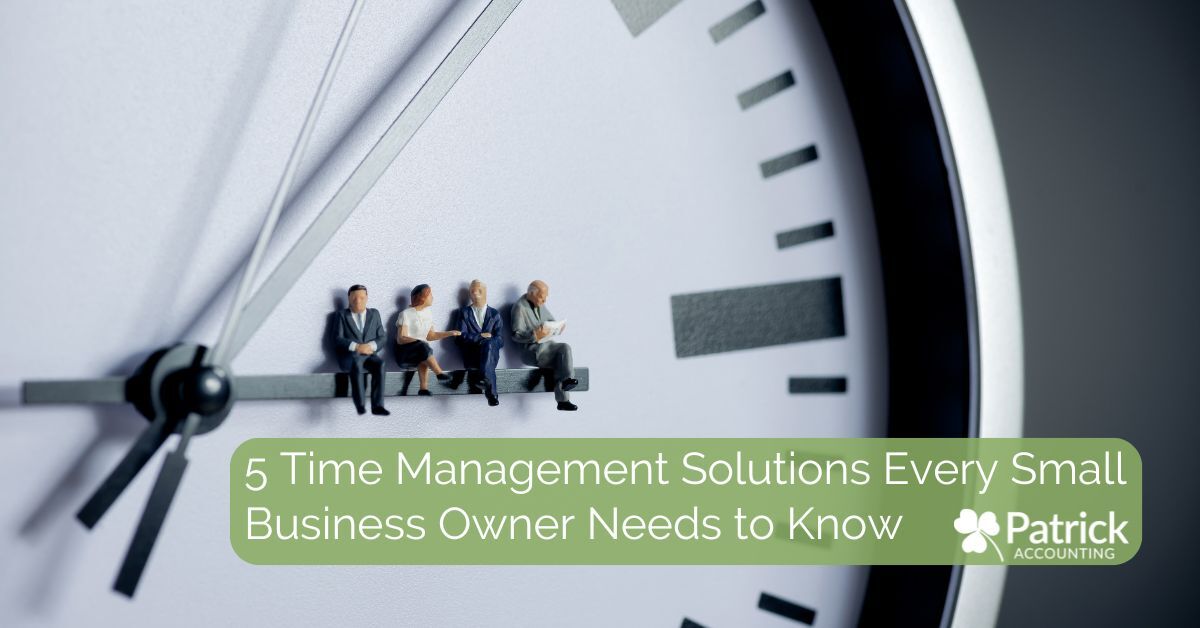 A large clock face with its hands pointing at 10:10. Miniature business people sit on the minute hand, suggesting the pressure of time. Overlaid is a green text box that reads,