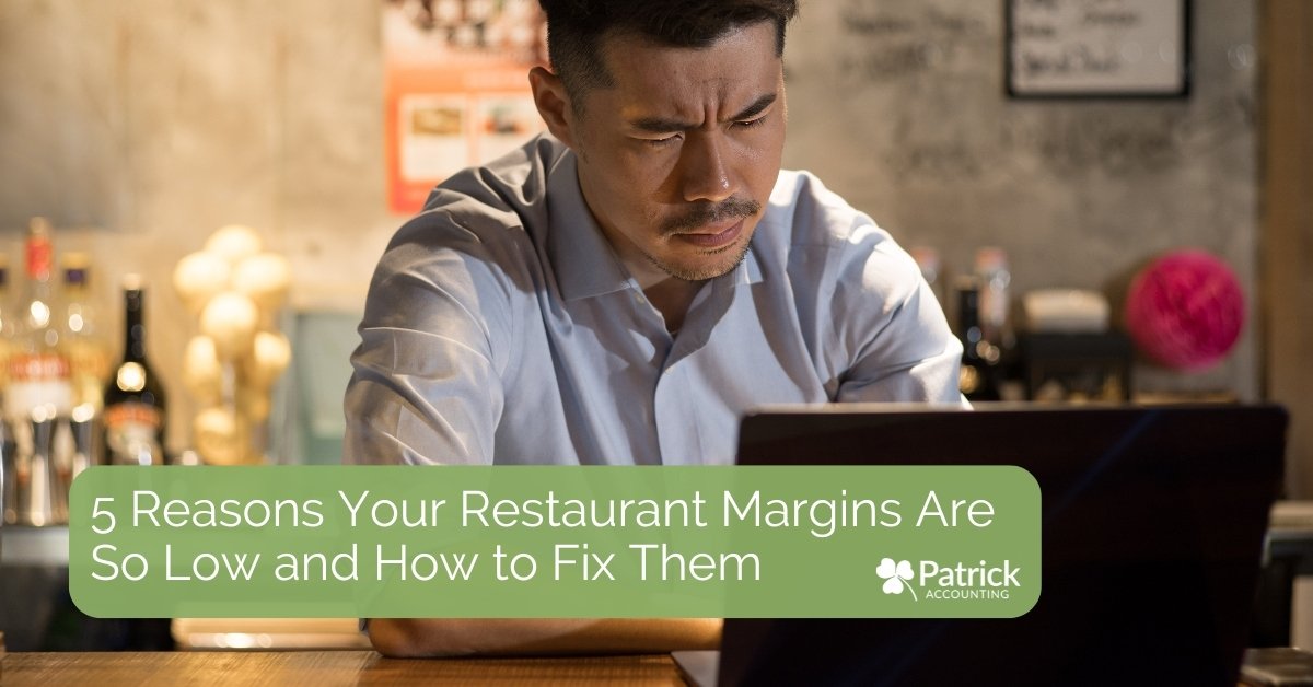 Restaurant owner reviewing finances on a laptop with overlay text 