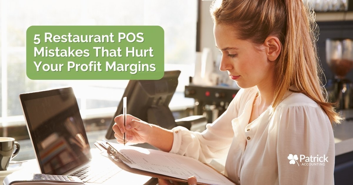 Photo of a woman reviewing paperwork at a laptop and her restaurant POS system with text reading, 