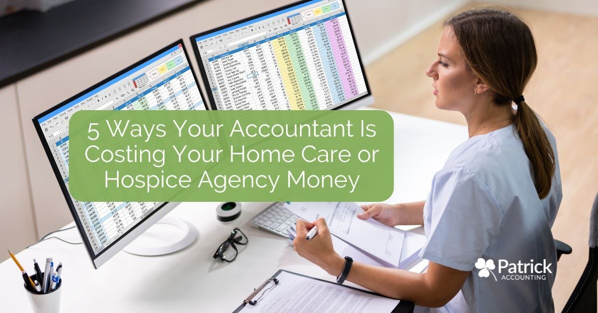 Home care agency owner reviewing financial data at dual monitors with text overlay reading, 