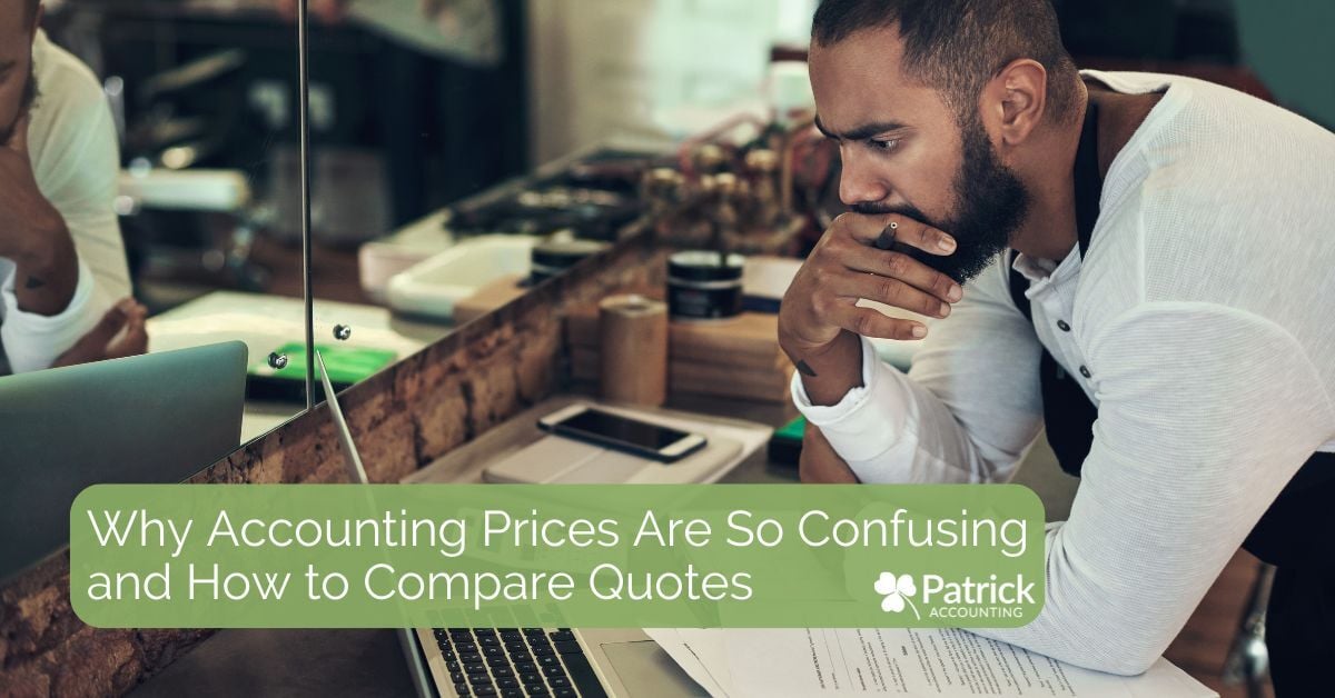 Small business owner reviewing accounting quotes on laptop. Blog title overlay: