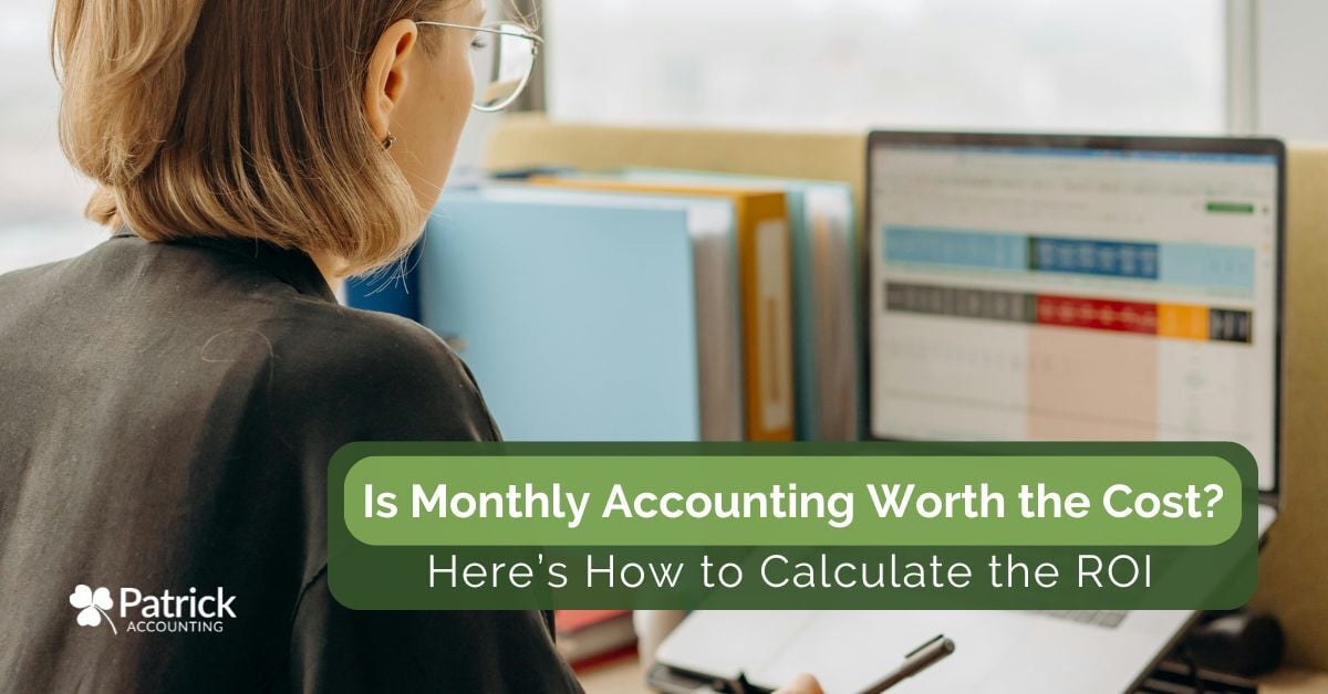 Business owner reviewing financial spreadsheet on computer. Blog title overlay: