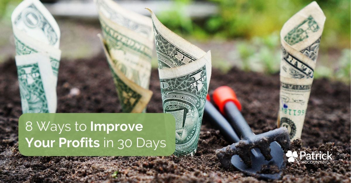 Dollar bills growing from soil beside garden tools, symbolizing business growth, profit improvement strategies, revenue growth, and increasing small business profitability.