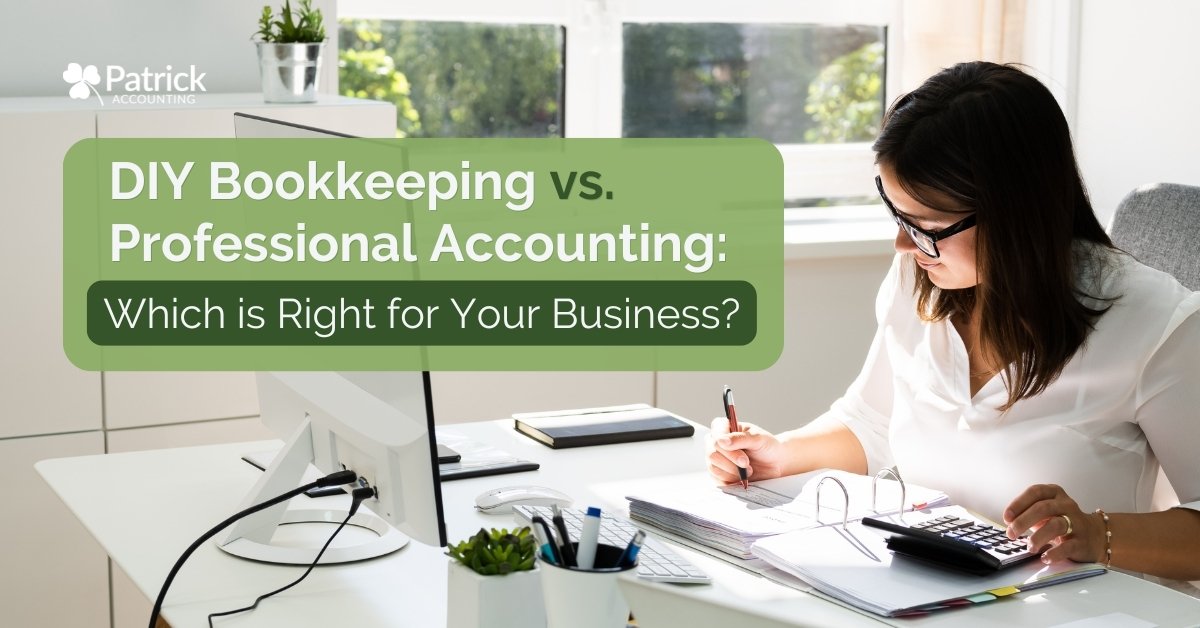 Business owner sitting at desk doing bookkeeping with a computer, calculator, and paperwork, instead of using professional accounting services, representing the complexities of trying to do it yourself with a growing business.