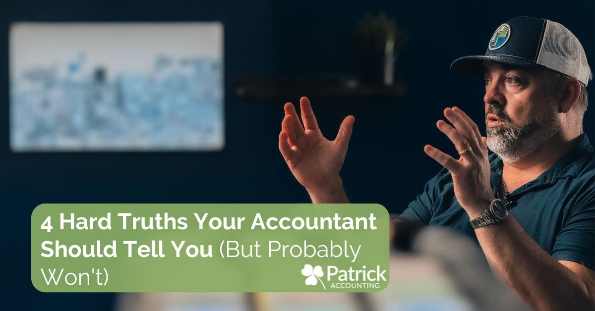 Matt Patrick, accounting firm owner (wearing a Whirks branded trucker hat), gestures while speaking, seated in a dimly lit room, with text overlay: