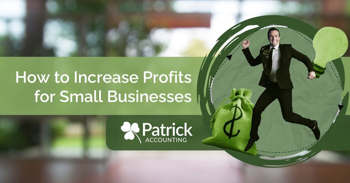 A man in a suit is jumping enthusiastically inside a green circular frame on the right side of the image. Beside him is a large green money bag with a dollar symbol and a light bulb icon. The background features the text