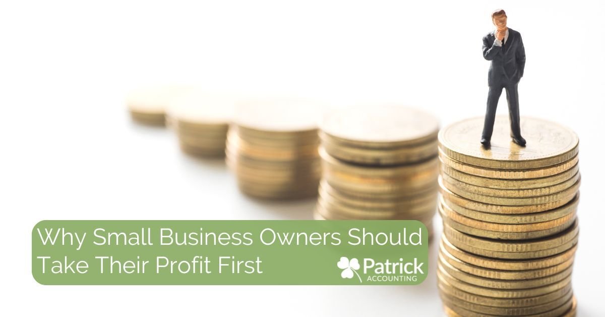 Miniature businessman standing on stacked coins with blog title