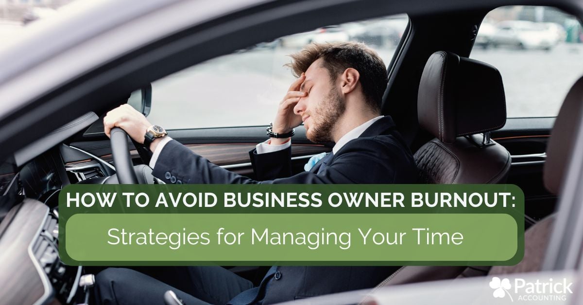 Stressed business owner sitting in a car with hand on face, illustrating burnout, with text