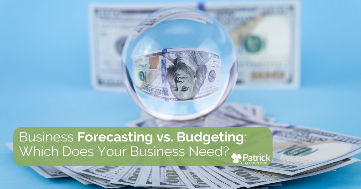 A crystal ball reflects upside down images of $100 bills on a blue background. Stacks of money surround the ball. Text overlay reads, 