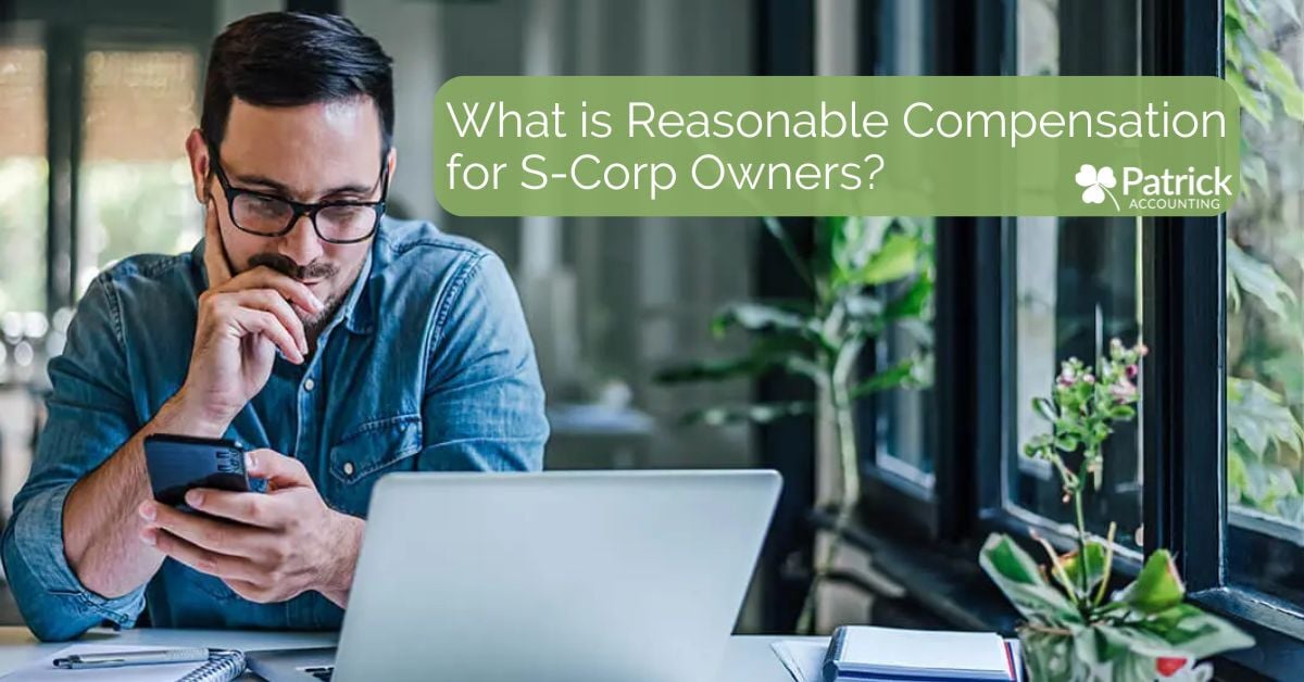 Man wearing glasses sits at a desk with a laptop, looking at his phone thoughtfully. Green banner text reads: 