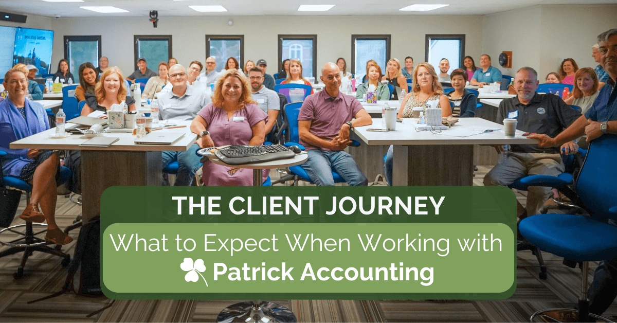 Photo of room full of happy Patrick Accounting clients with overlay title, 