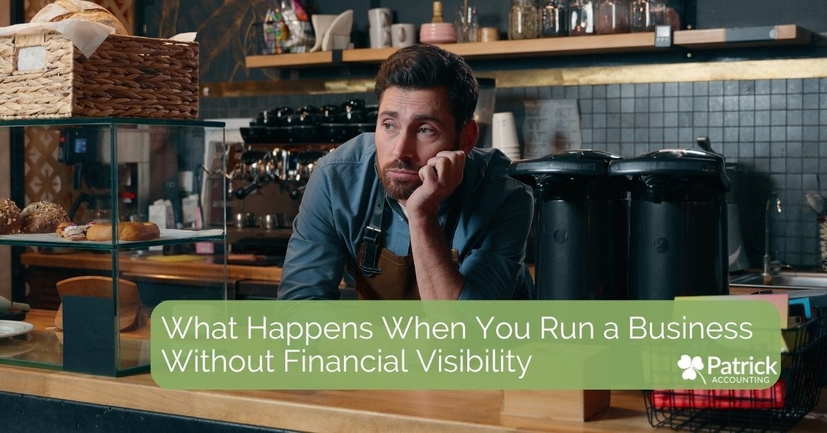 Blog graphic showing a frustrated small business owner in a café with text: 