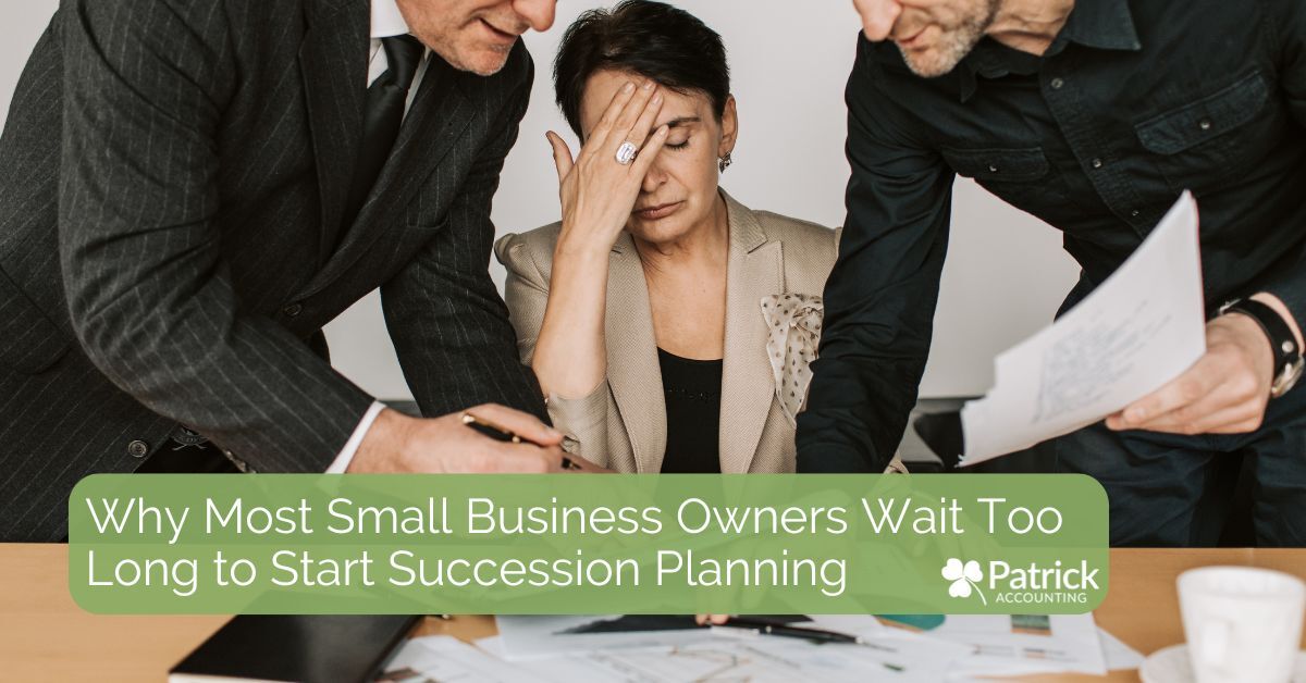 Patrick Accounting graphic showing a stressed businesswoman sitting at a desk with two colleagues standing beside her, with text that reads 