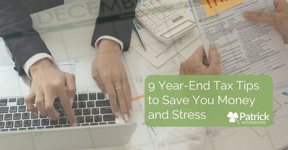 Hands working on a laptop and reviewing tax documents with a calculator, overlaid with the blog article title 