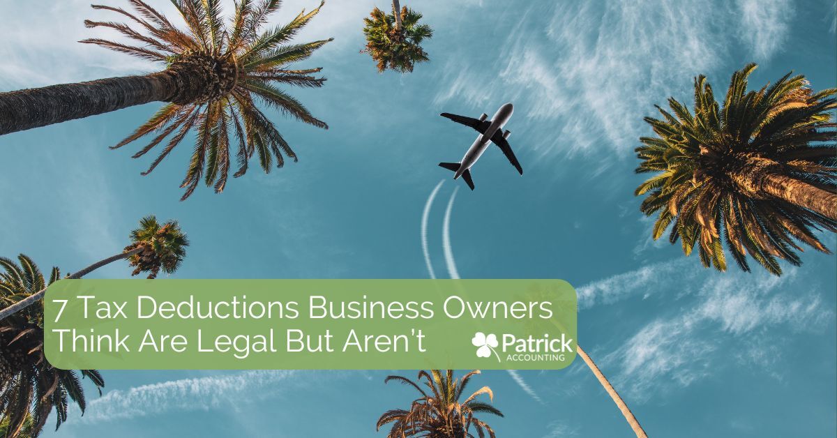 Airplane flying above tall palm trees with a green text banner reading 