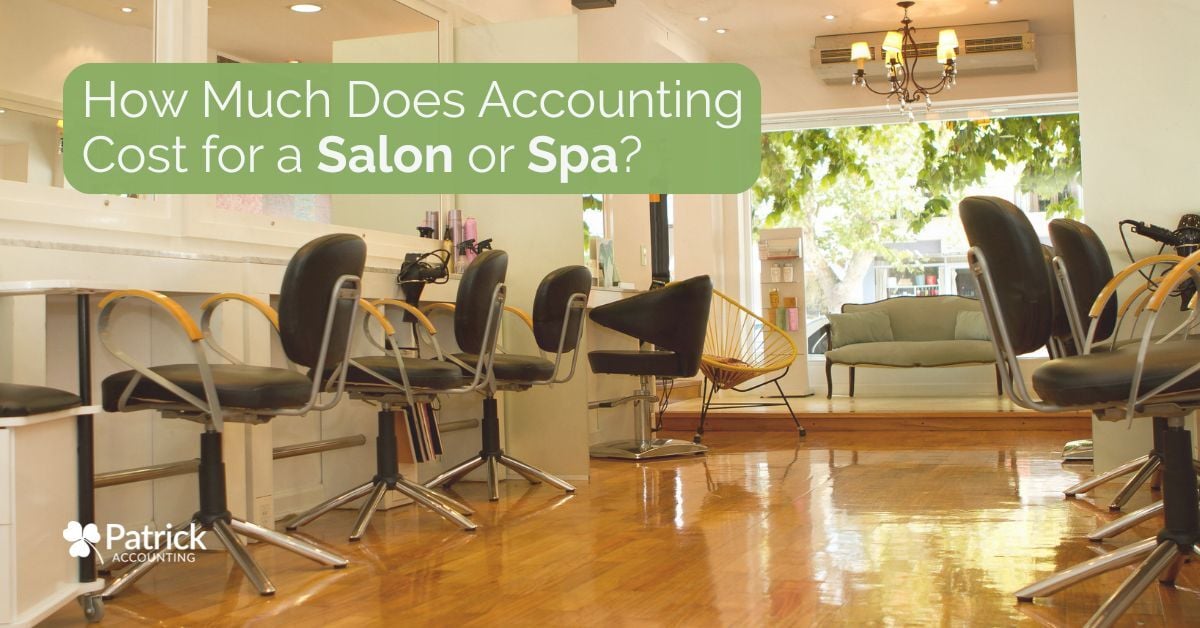 Salon and spa interior representing accounting costs and bookkeeping services for salon and spa owners, with Patrick Accounting branding.