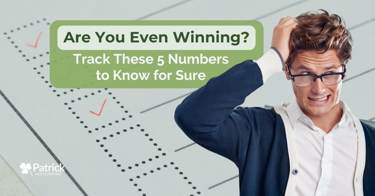 Business owner looking stressed while reviewing performance metrics and checkmarks with title 