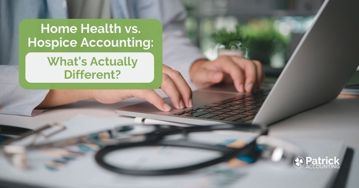 Blog thumbnail image, comparing home health and hospice accounting, featuring a home health and hospice agency owner working on a laptop besides a stethoscope.