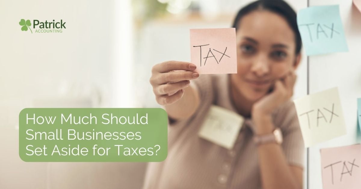 Small business owner holding a tax reminder note surrounded by tax-related sticky notes, illustrating tax planning, estimated tax payments, and setting aside money for business taxes.