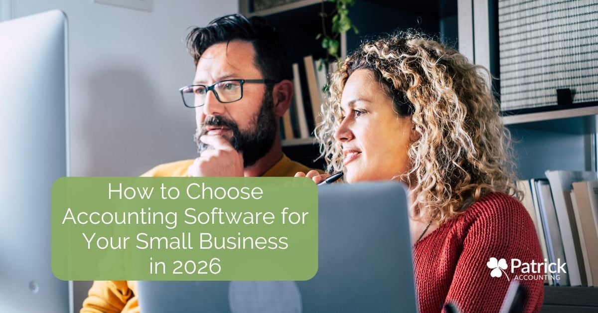 Small business owners reviewing accounting software options on a computer with text overlay reading, 