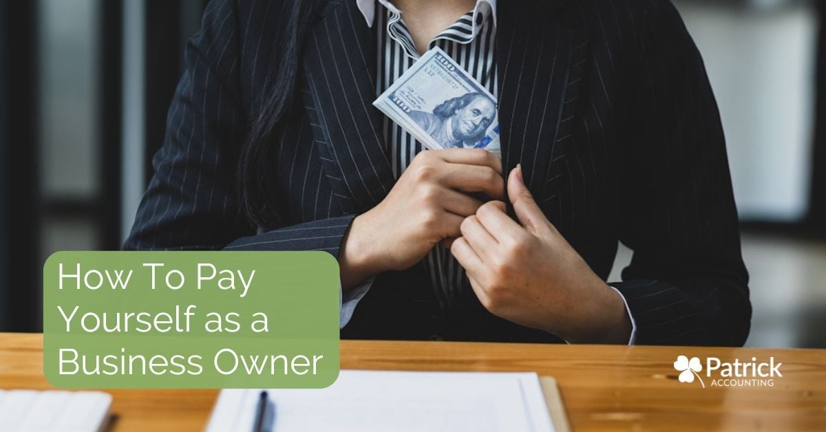 Business owner pulling cash from a suite jacket to illustrate how to pay yourself as a business owner. Blog thumbnail for Patrick Accounting covering owner compensation strategies, salary vs. distributions, payroll, taxes, and small business financial planning.
