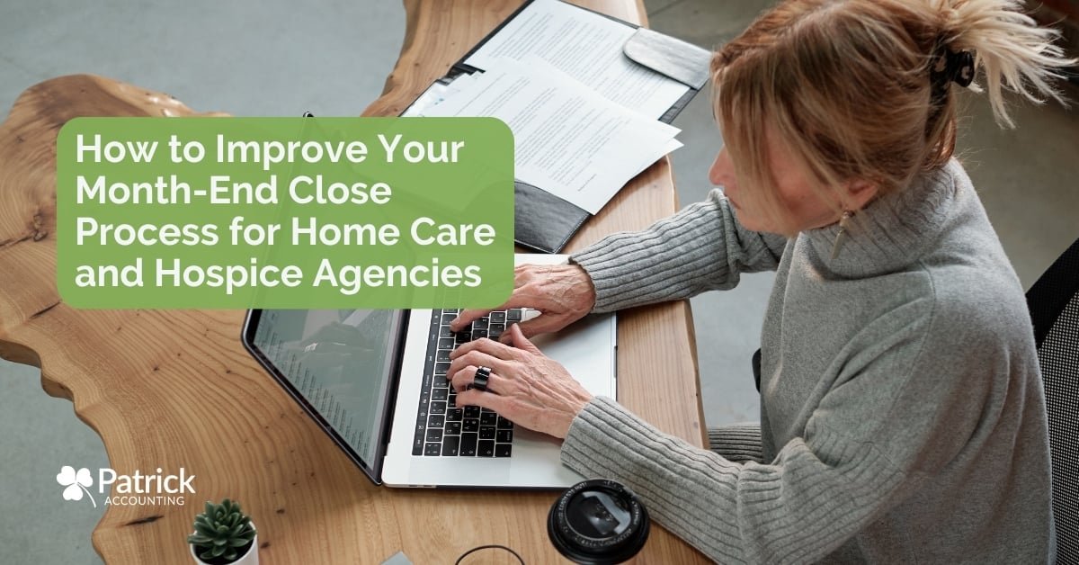 Home care agency owner working on a laptop with paperwork on a desk with text reading, 