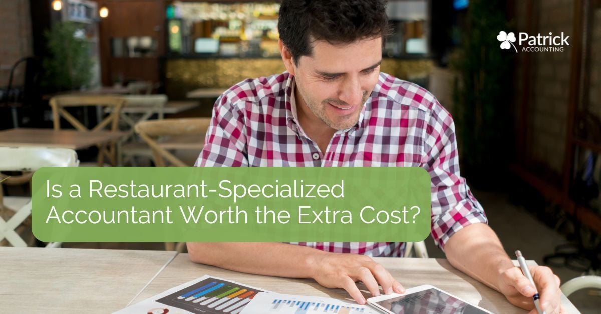 Restaurant owner reviewing financial reports with text overlay reading 