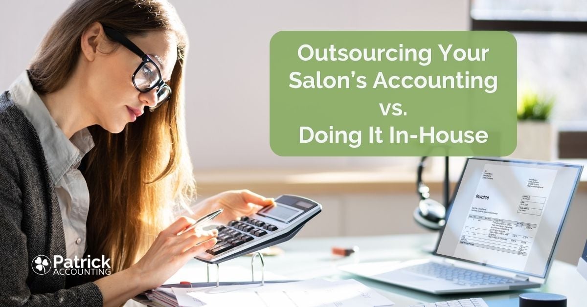 Blog thumbnail with a salon owner sitting at a desk trying to do the books with title, 