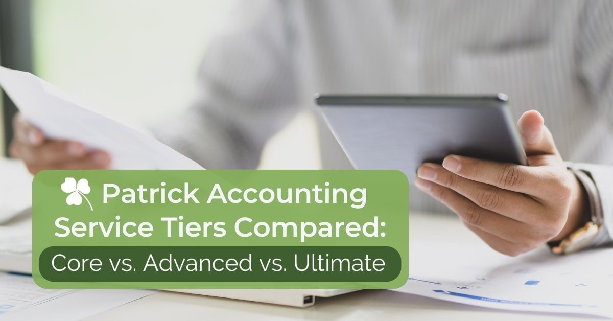 Patrick Accounting service tiers compared: Core vs. Advanced vs. Ultimate, showing a business owner looking at a tablet and paperwork, comparing options for the right accounting package.