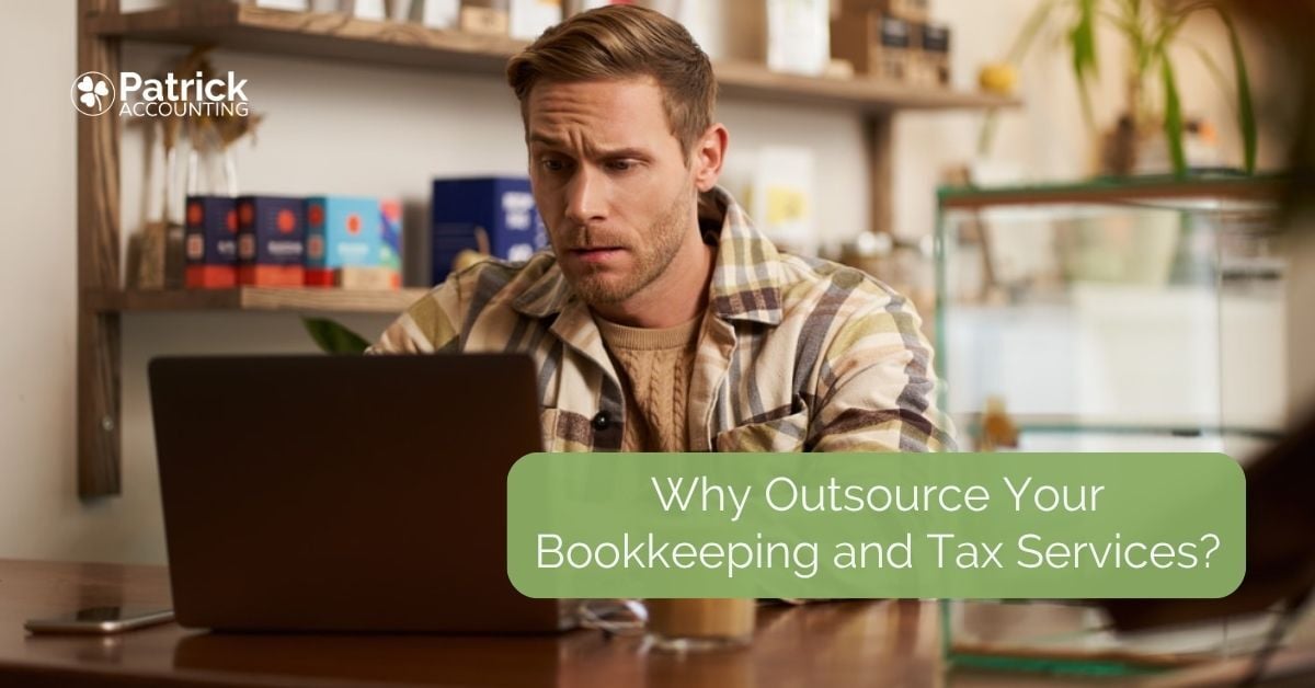Patrick Accounting-branded blog thumbnail image with a business owner looking confused and overwhelmed as he looks at his financial reports as he contemplates outsourcing his bookkeeping and tax work.